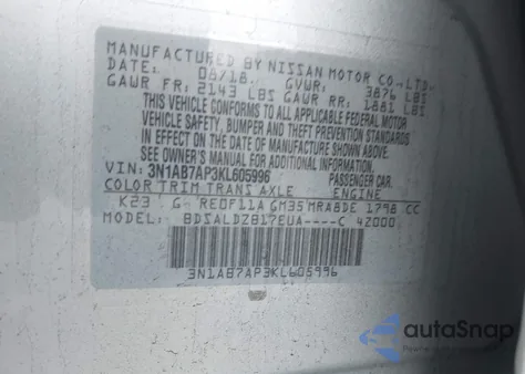 2019 Nissan Sentra Sv z USA, uszkodzony, nr VIN 3N1AB7AP3KL605996